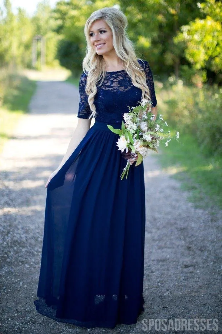 1/2 Long Sleeves Navy Lace Long Bridesmaid Dresses Online, WG789