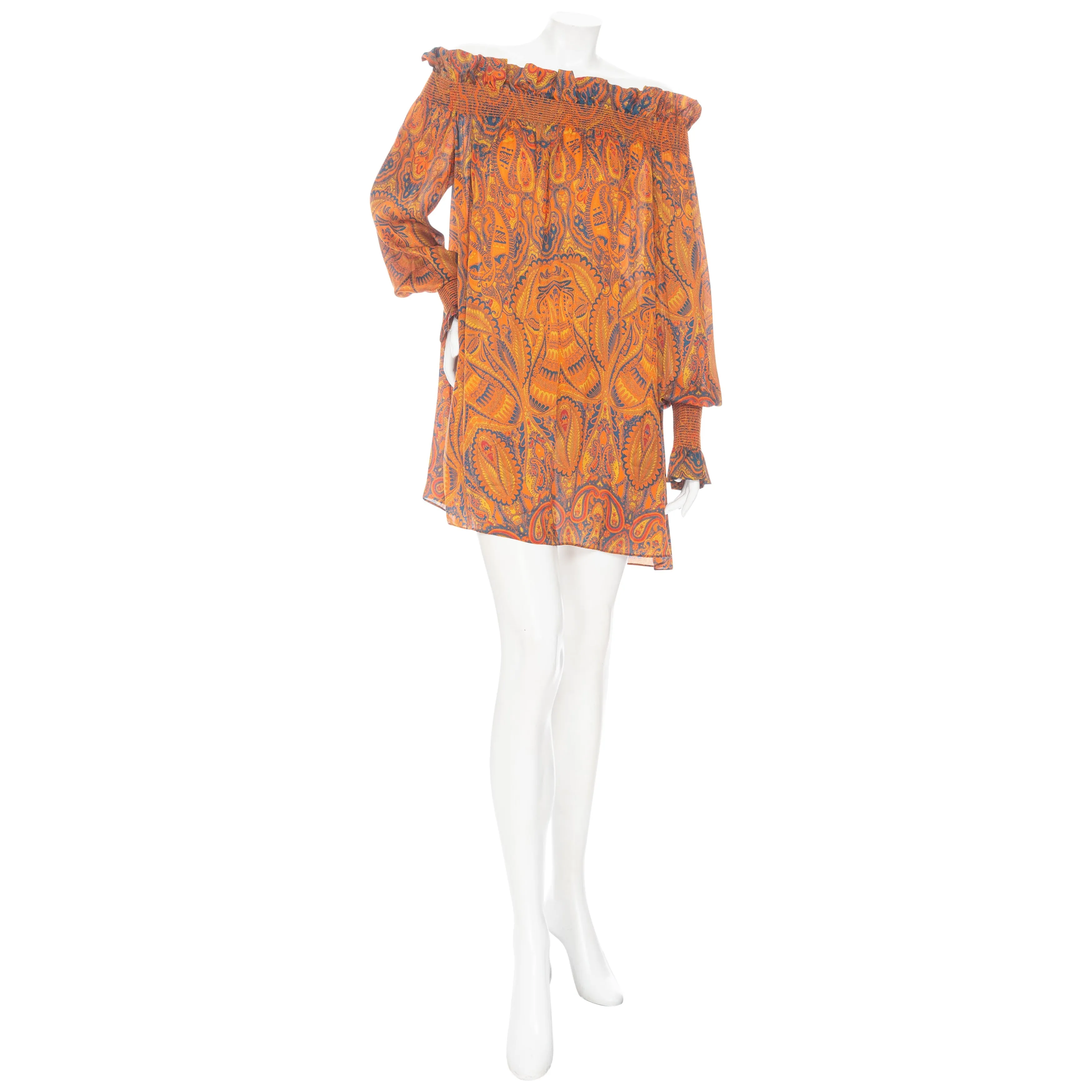 2008 Orange Silk Off-the-Shoulder Multicolored Paisley Print Shift Dress