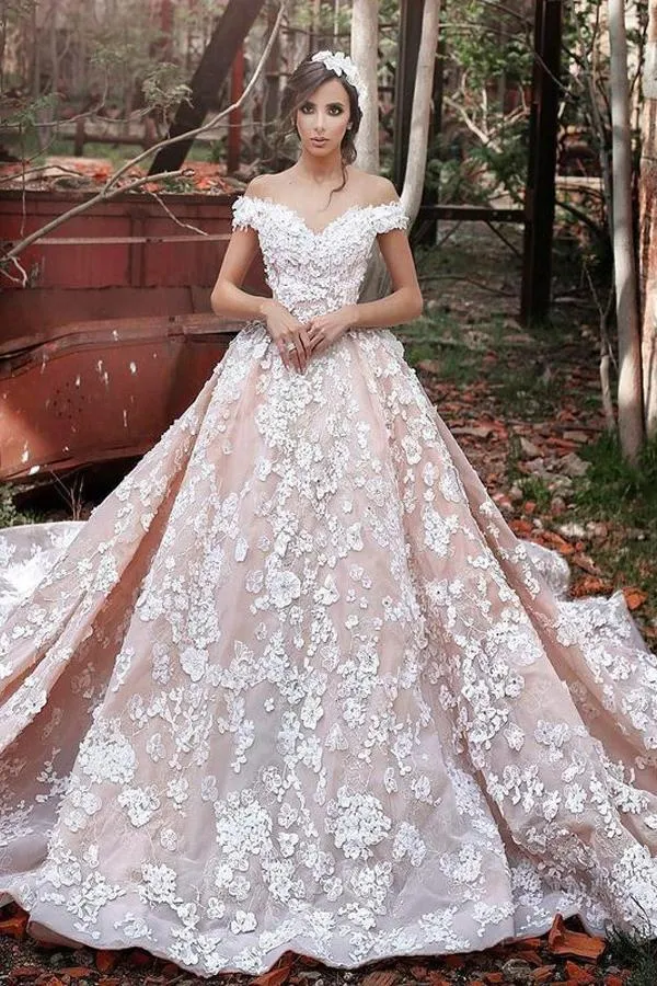 2024 A-Line Off the Shoulder Ball Gown Court Train Tulle Appliques Wedding Dresses JS537