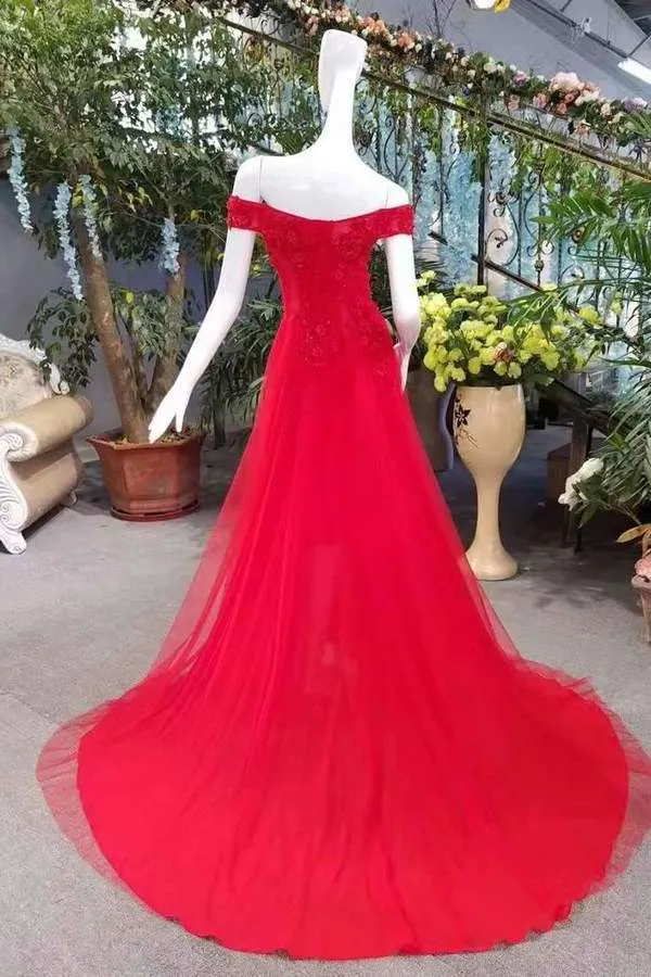 2024 Hot Selling Cheap Red Prom Dresses A-Line Zipper Up Off The Shoulder PFNNM563