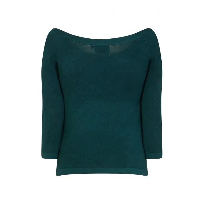 3/4 Sleeve Bottle Green Stretch Bardot Bow Top Jumper