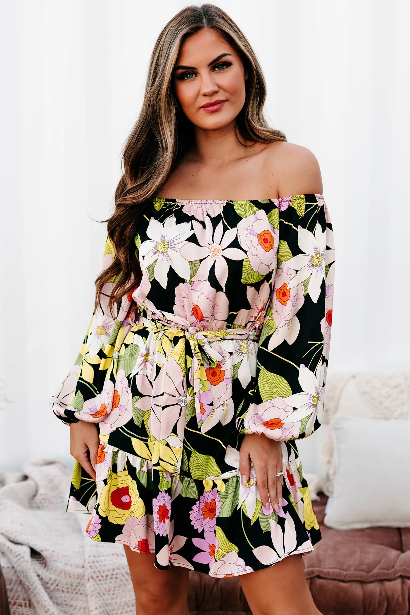 70's Surprise Off The Shoulder Floral Mini Dress (Black/Multi)