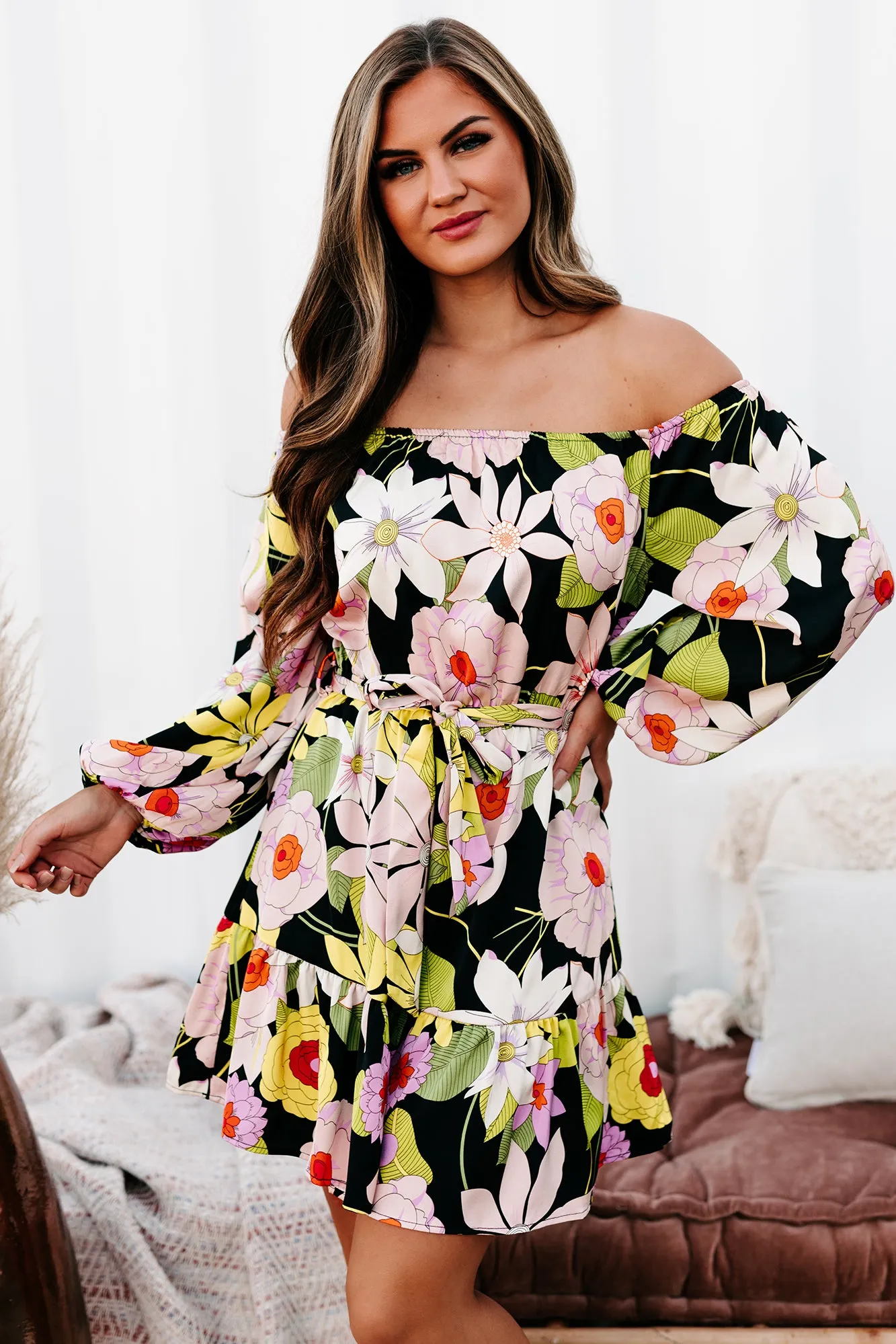 70's Surprise Off The Shoulder Floral Mini Dress (Black/Multi)