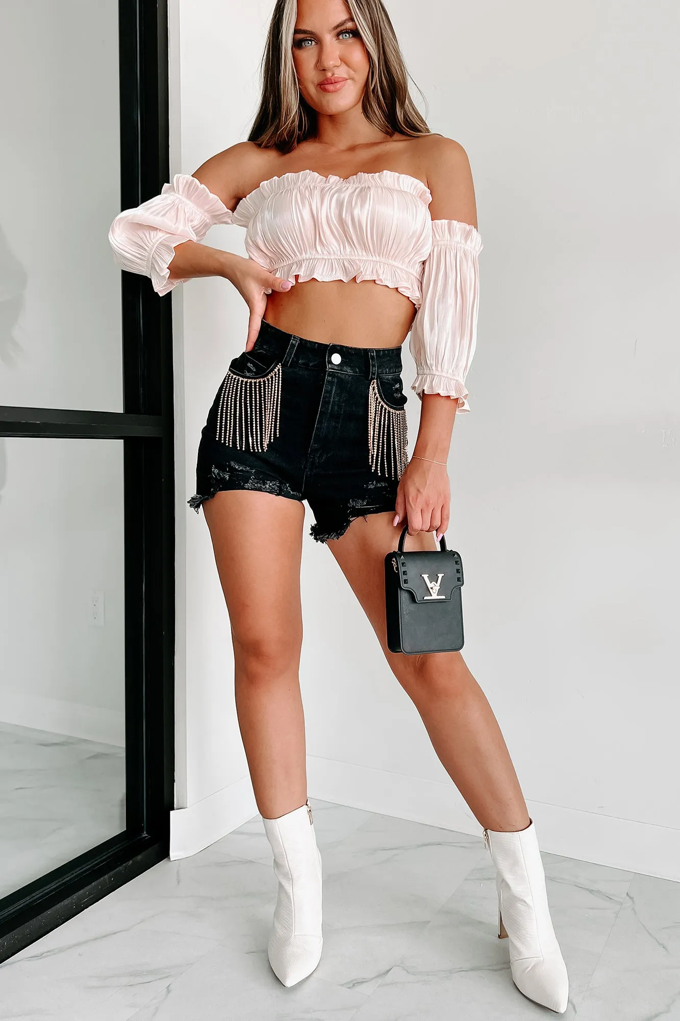 A Date With Fate Off The Shoulder Pleated Crop Top (Cream)