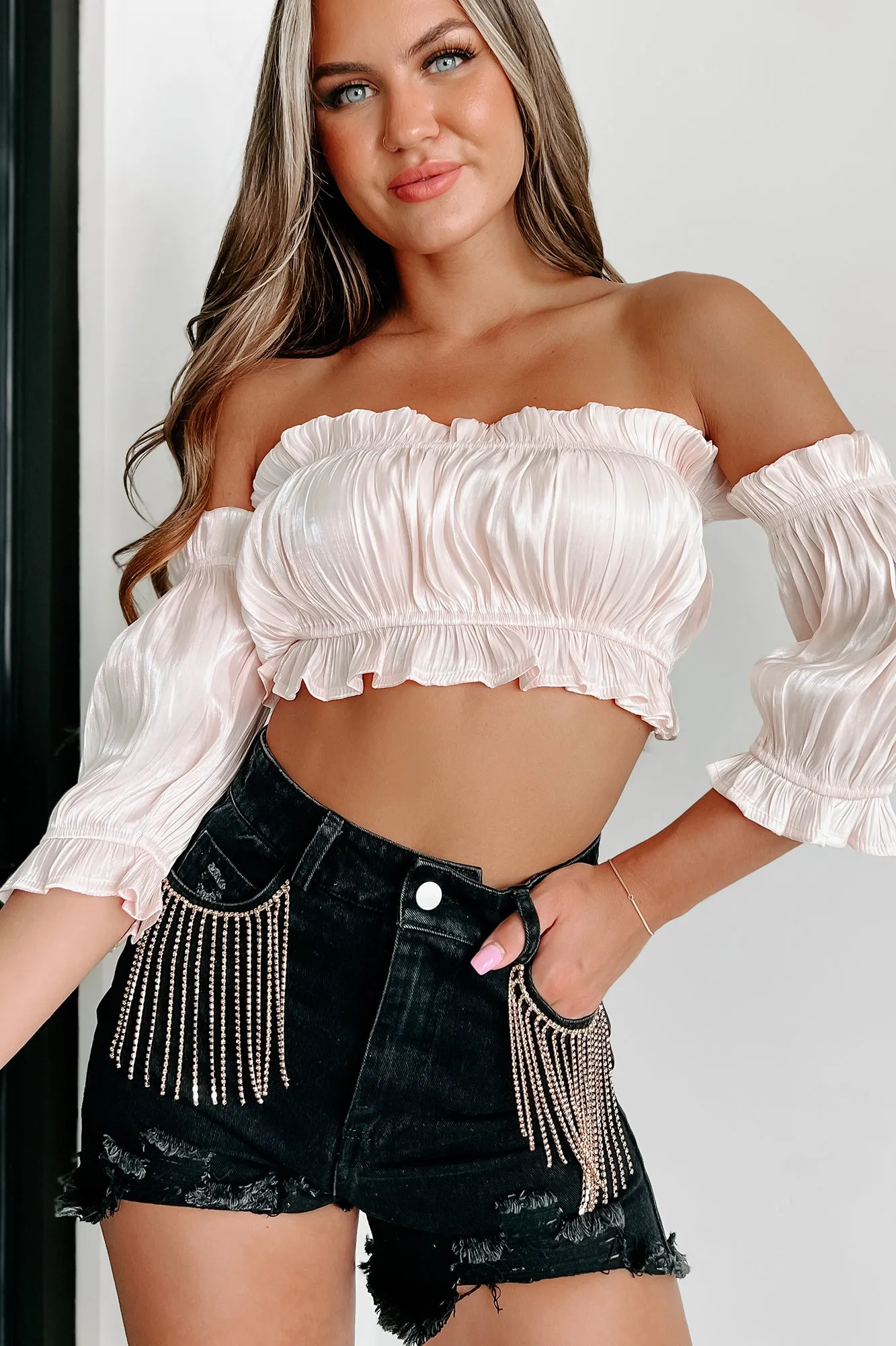 A Date With Fate Off The Shoulder Pleated Crop Top (Cream)