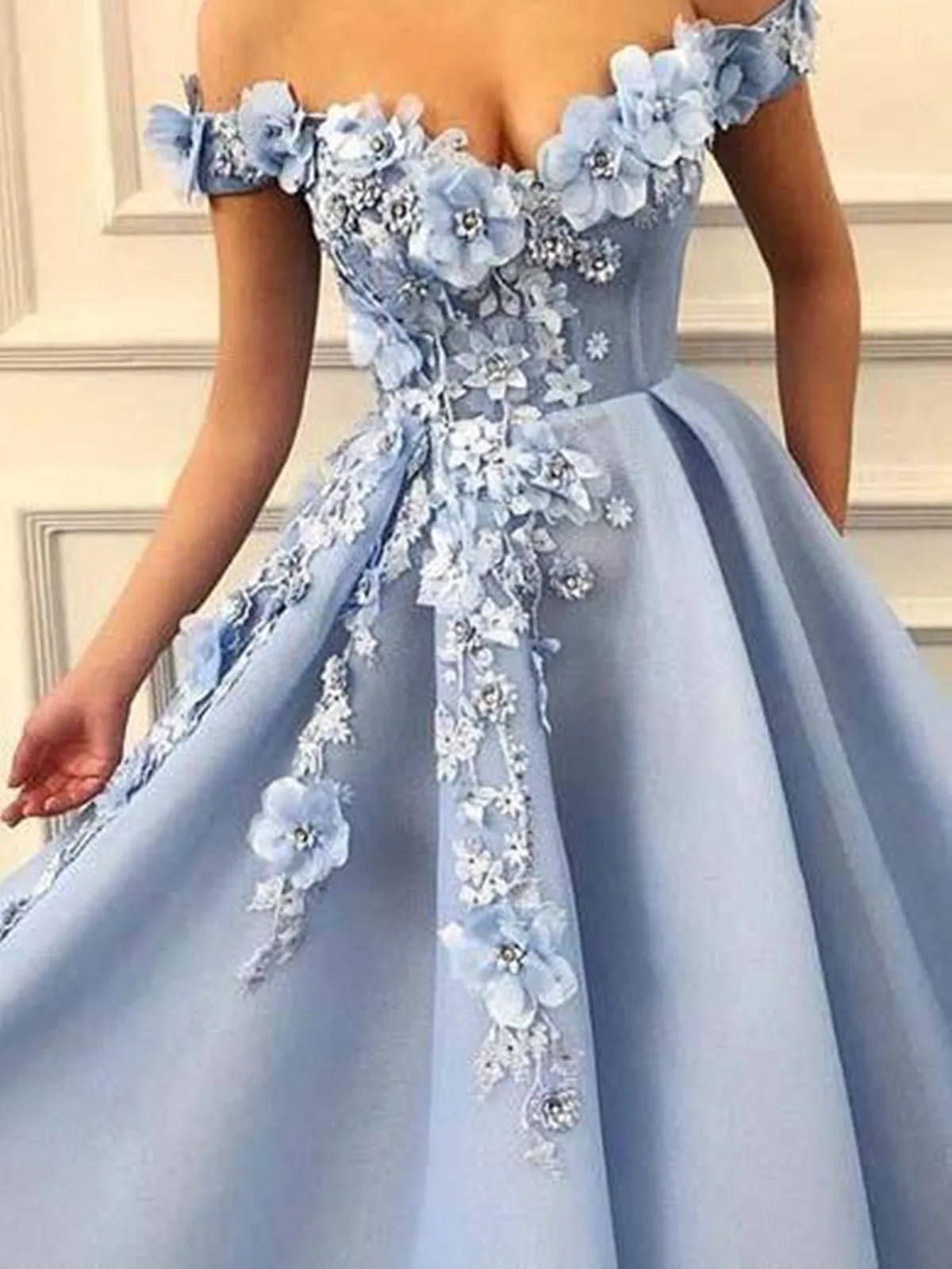 A Line Blue Off Shoulder Flower Appliques Long Prom Dresses,  Blue Off The Shoulder Lace Formal  Evening Dresses