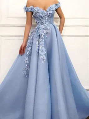 A Line Blue Off Shoulder Flower Appliques Long Prom Dresses,  Blue Off The Shoulder Lace Formal  Evening Dresses