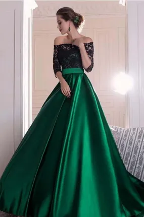 A Line Dark Green Satin Off the Shoulder 3/4 Sleeves Ruffles Lace Prom Dresses JS399