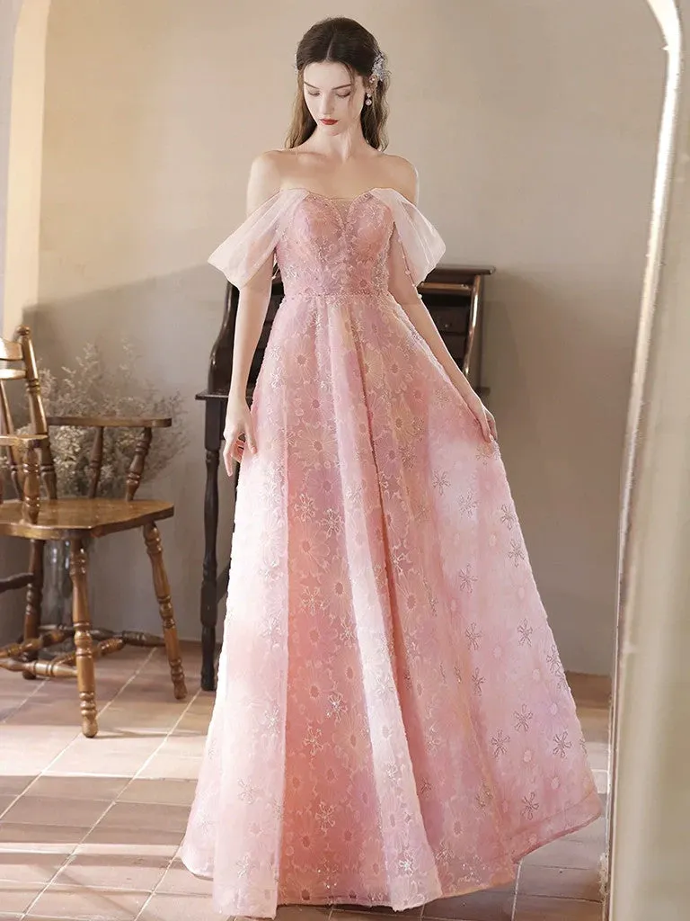 A Line Off Shoulder Pink Lace Long Prom Dresses,  Off The Shoulder Lace Pink Long Formal Evening Dresses