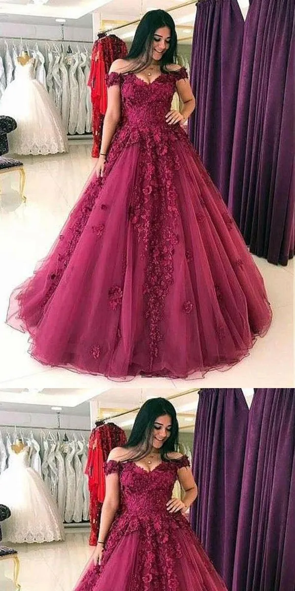 A-line Off-the-Shoulder Burgundy Lace Prom Dress ,Cheap Prom Dresses,PDY0420