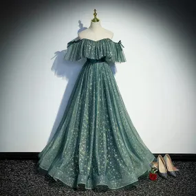 A line Off the Shoulder Green Tulle Prom Dresses SH144