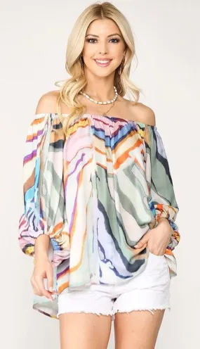 Abstract Watercolour Off Shoulder Top Multi