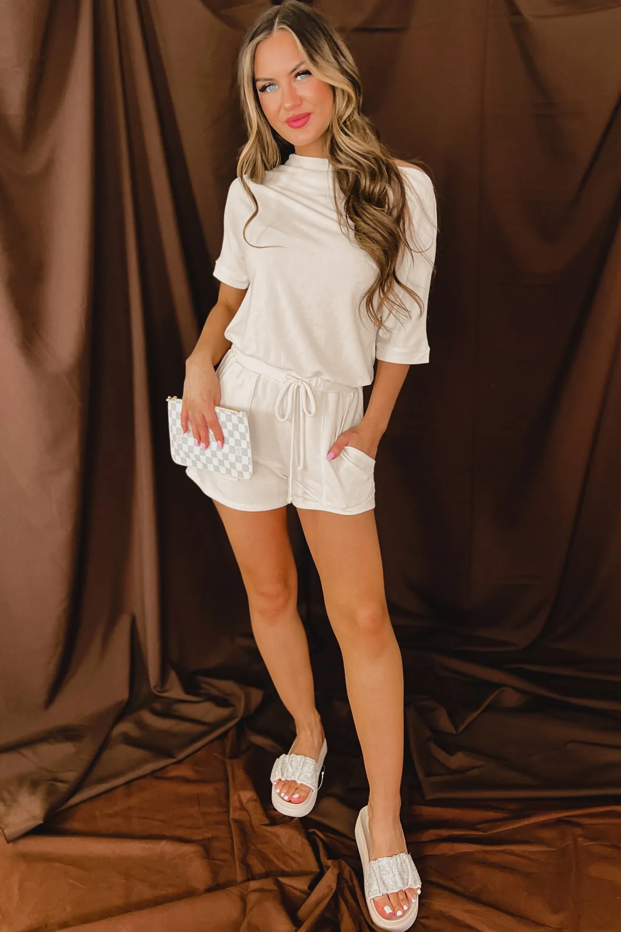 Acting In Kindness Off The Shoulder Drawstring Romper (Light Sand)