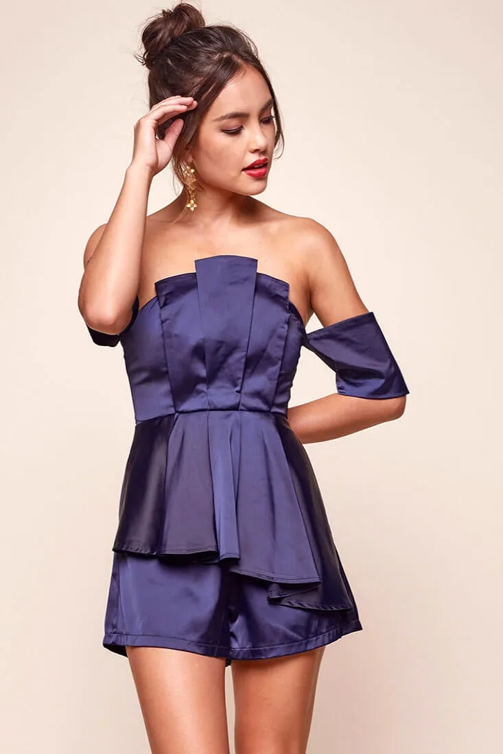 Aly Off the Shoulder Satin Romper Navy