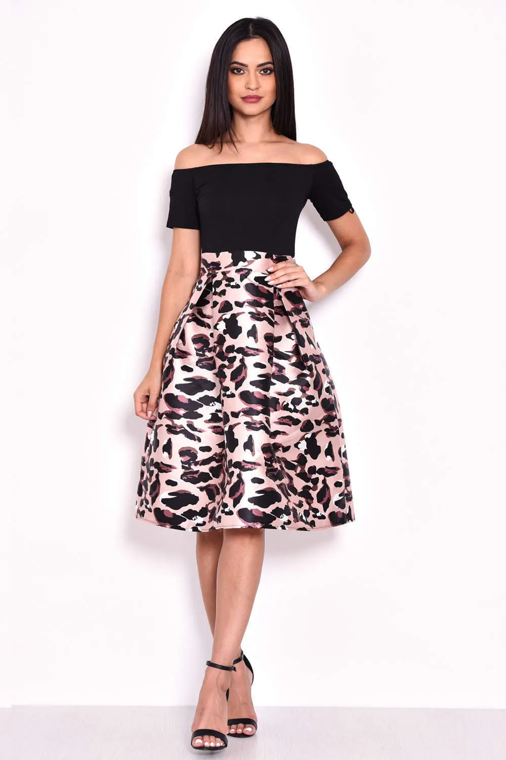 Animal Print 2 In 1 Off Shoulder Midi Dress