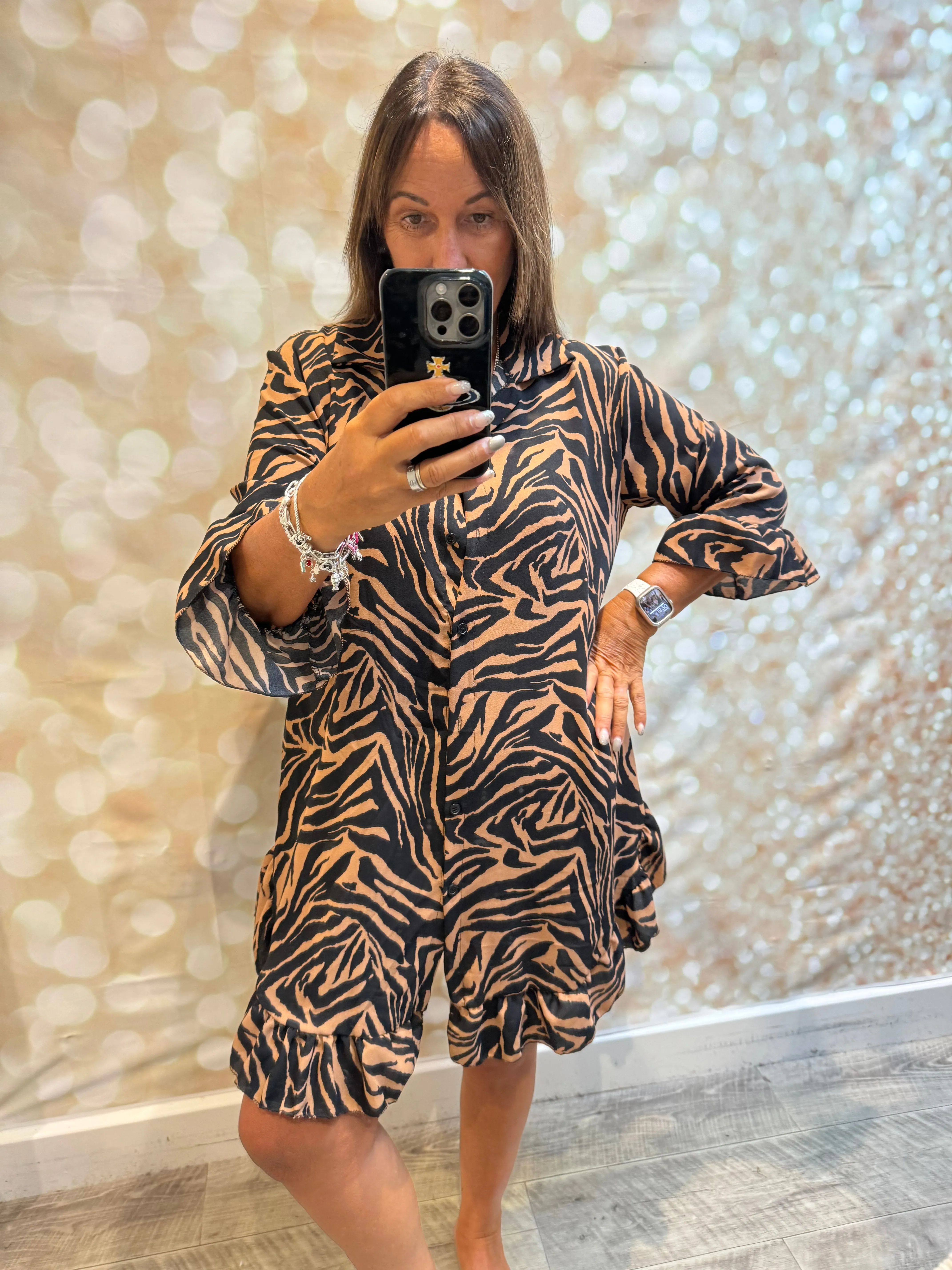 Animal print dress with frill hem