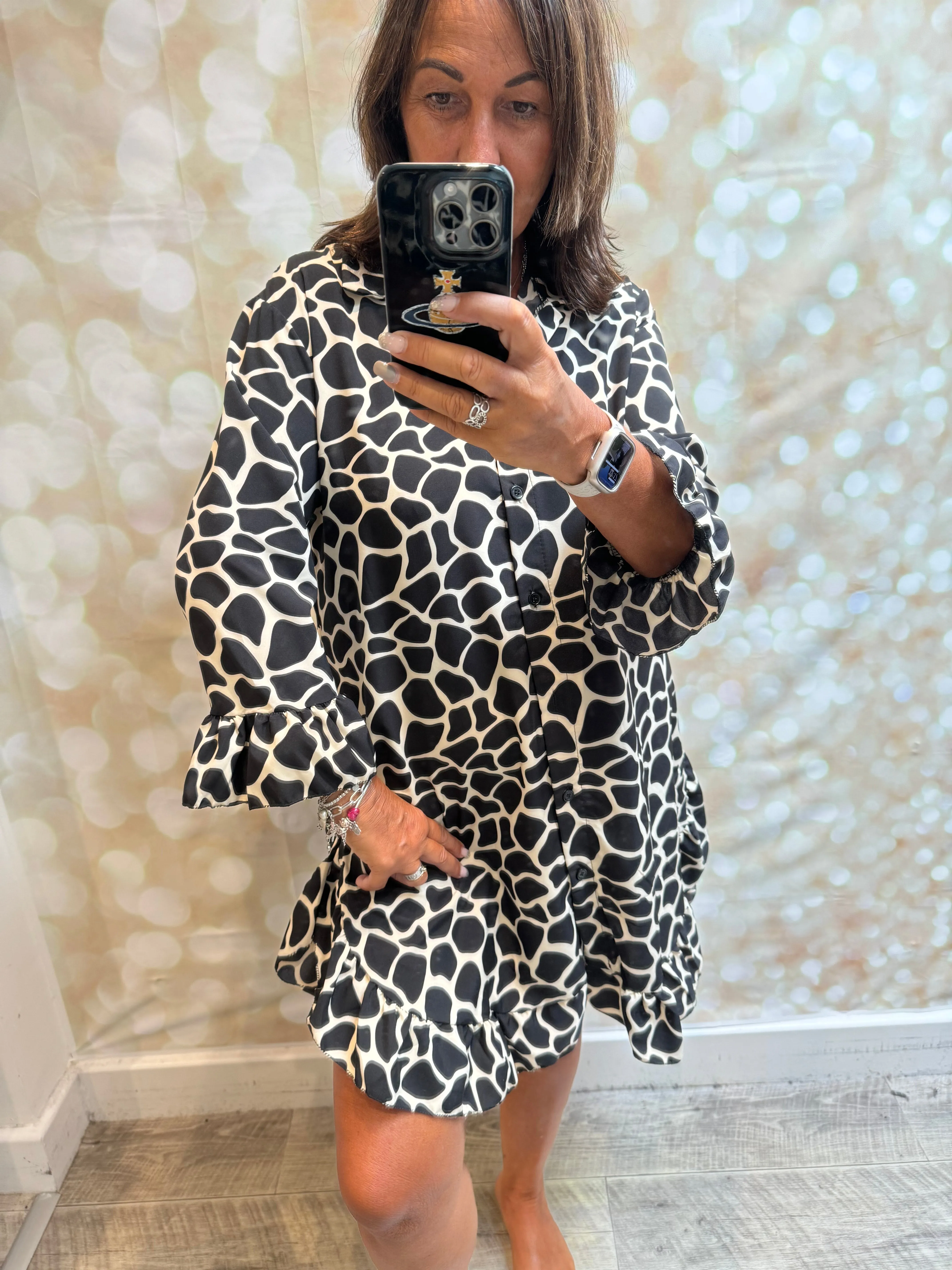 Animal print dress with frill hem