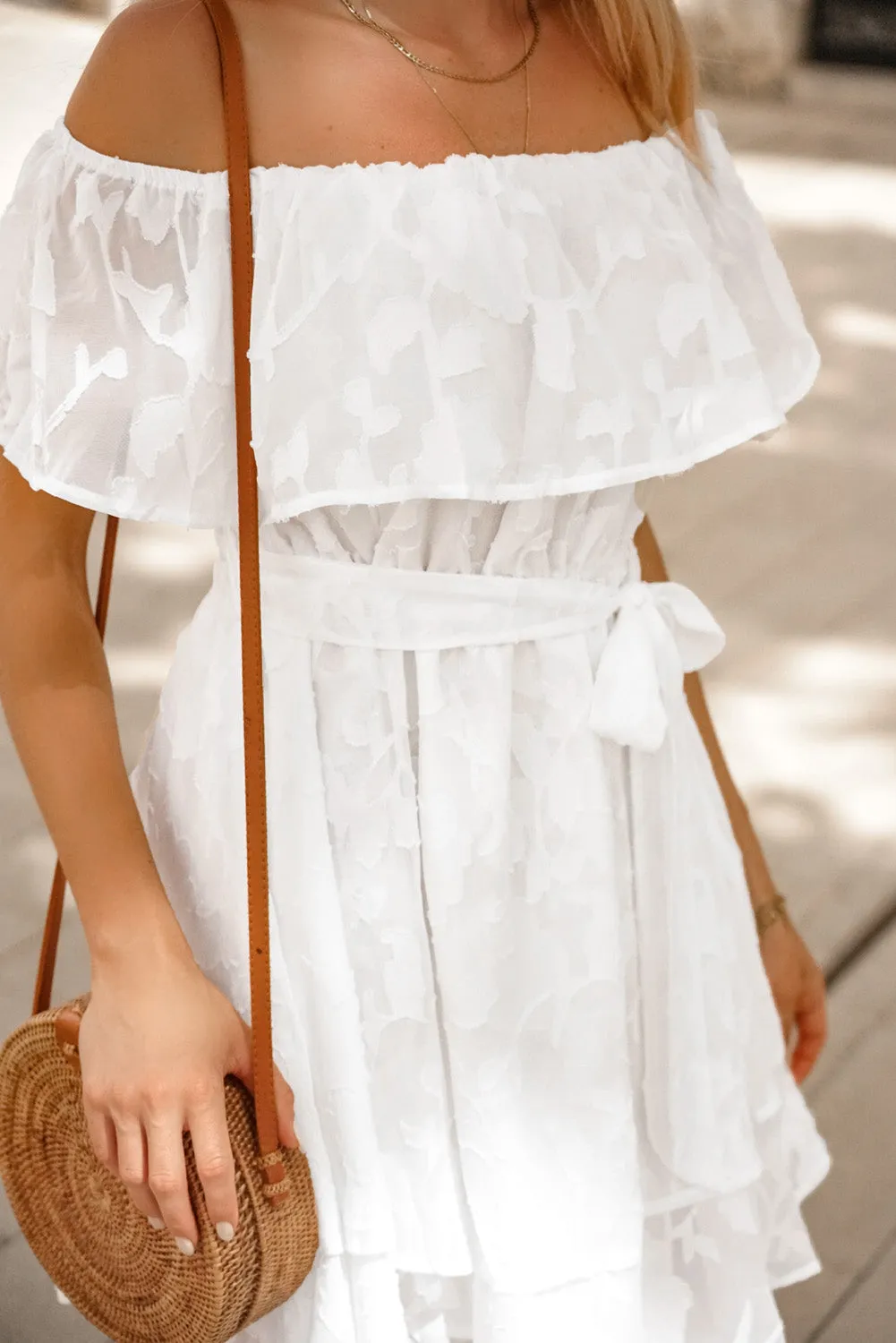 Applique Off-Shoulder Belted Mini Dress