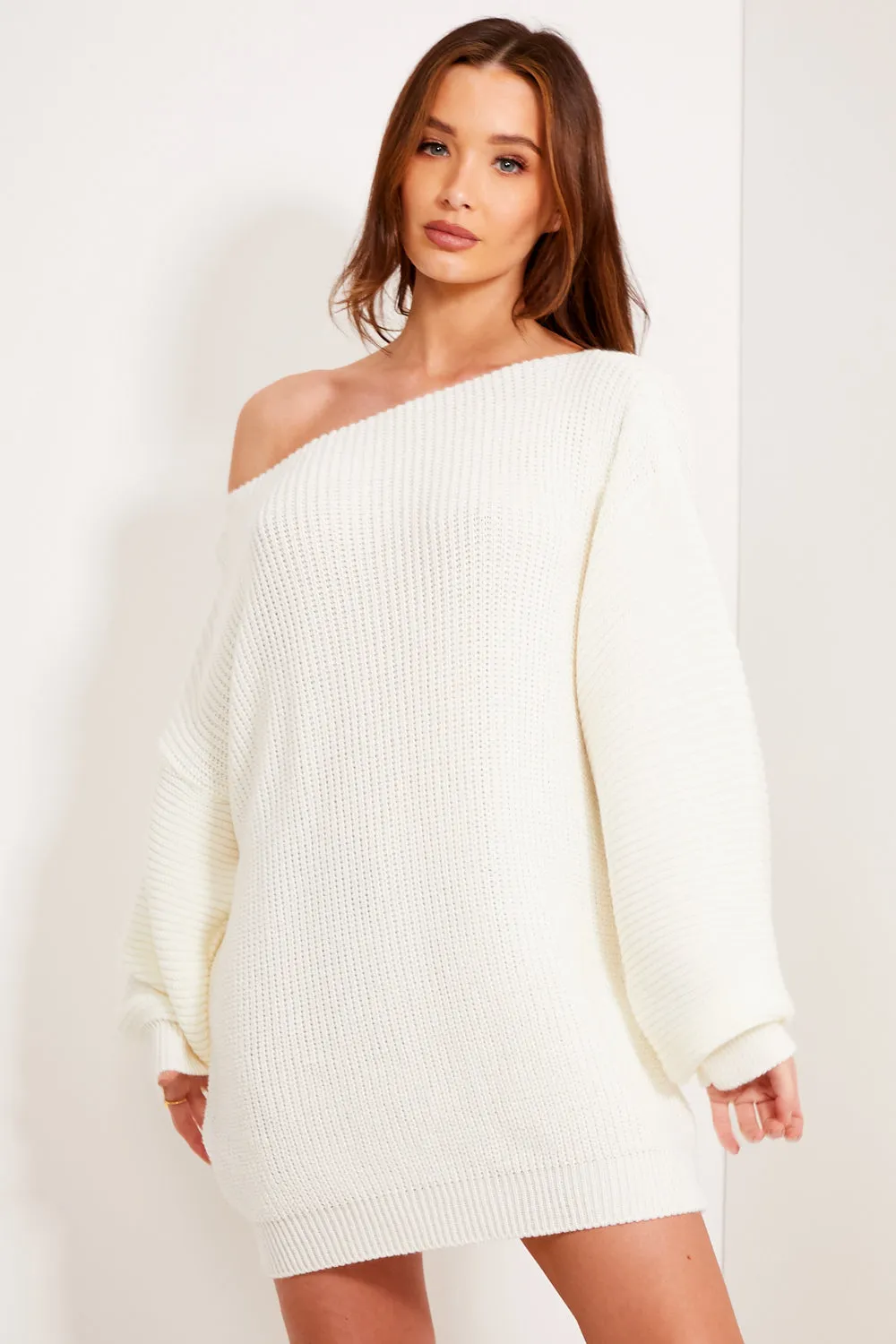 Ariel Cream Off The Shoulder Knit Jumper Dress