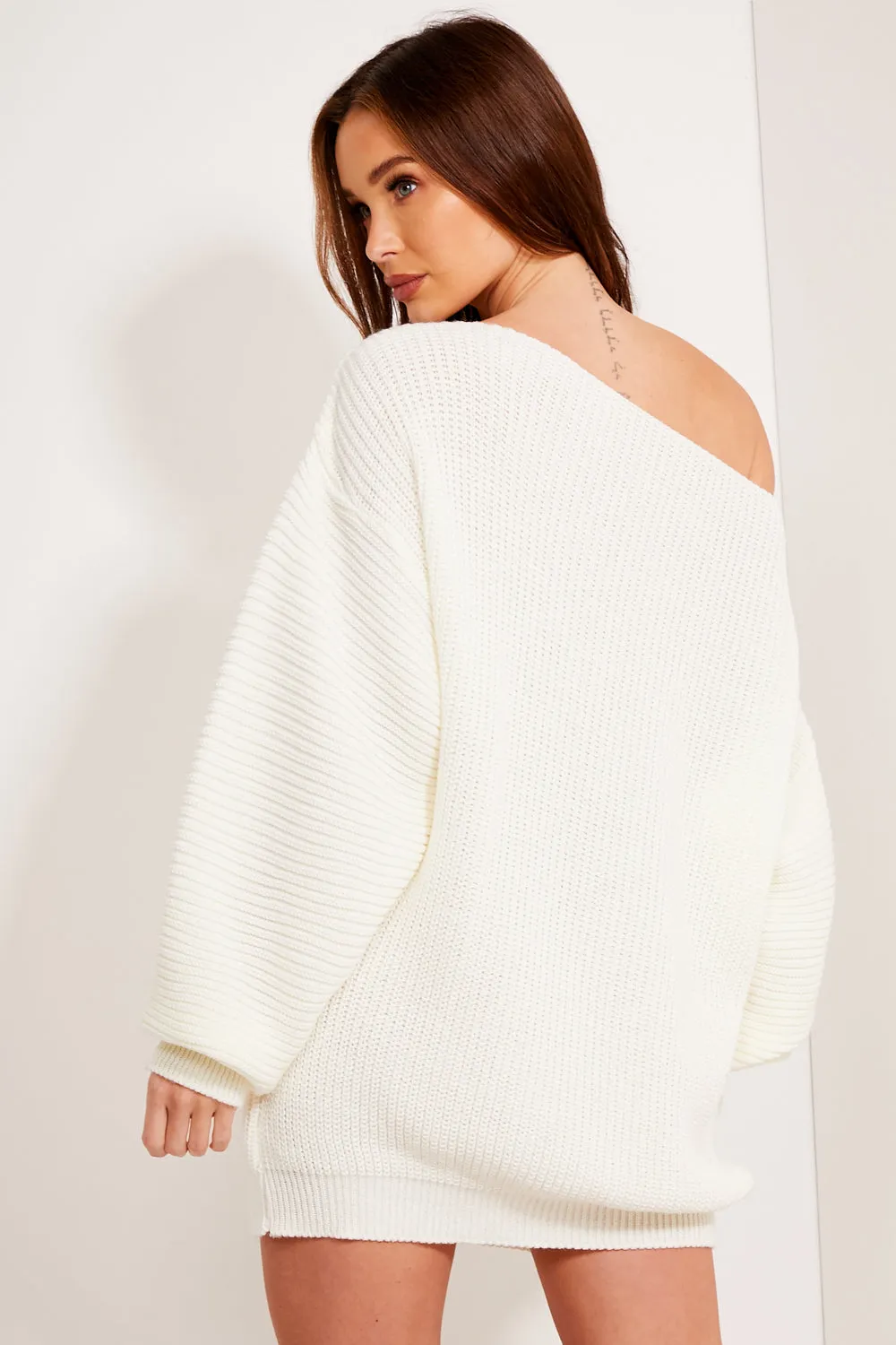 Ariel Cream Off The Shoulder Knit Jumper Dress