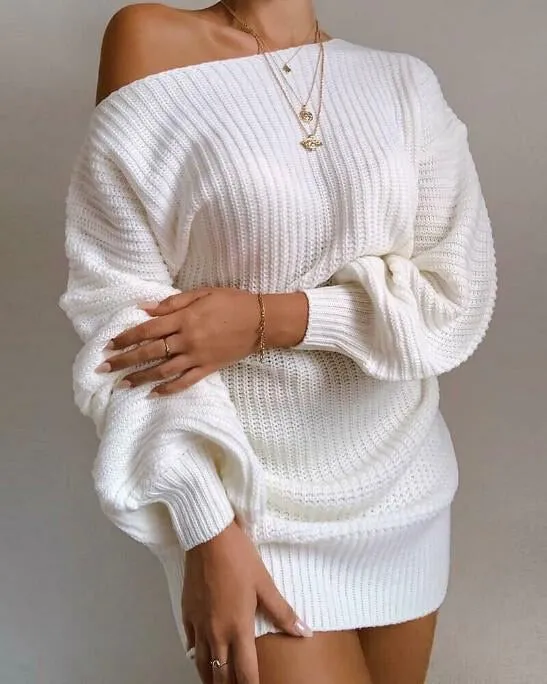 Ariel Cream Off The Shoulder Knit Jumper Dress