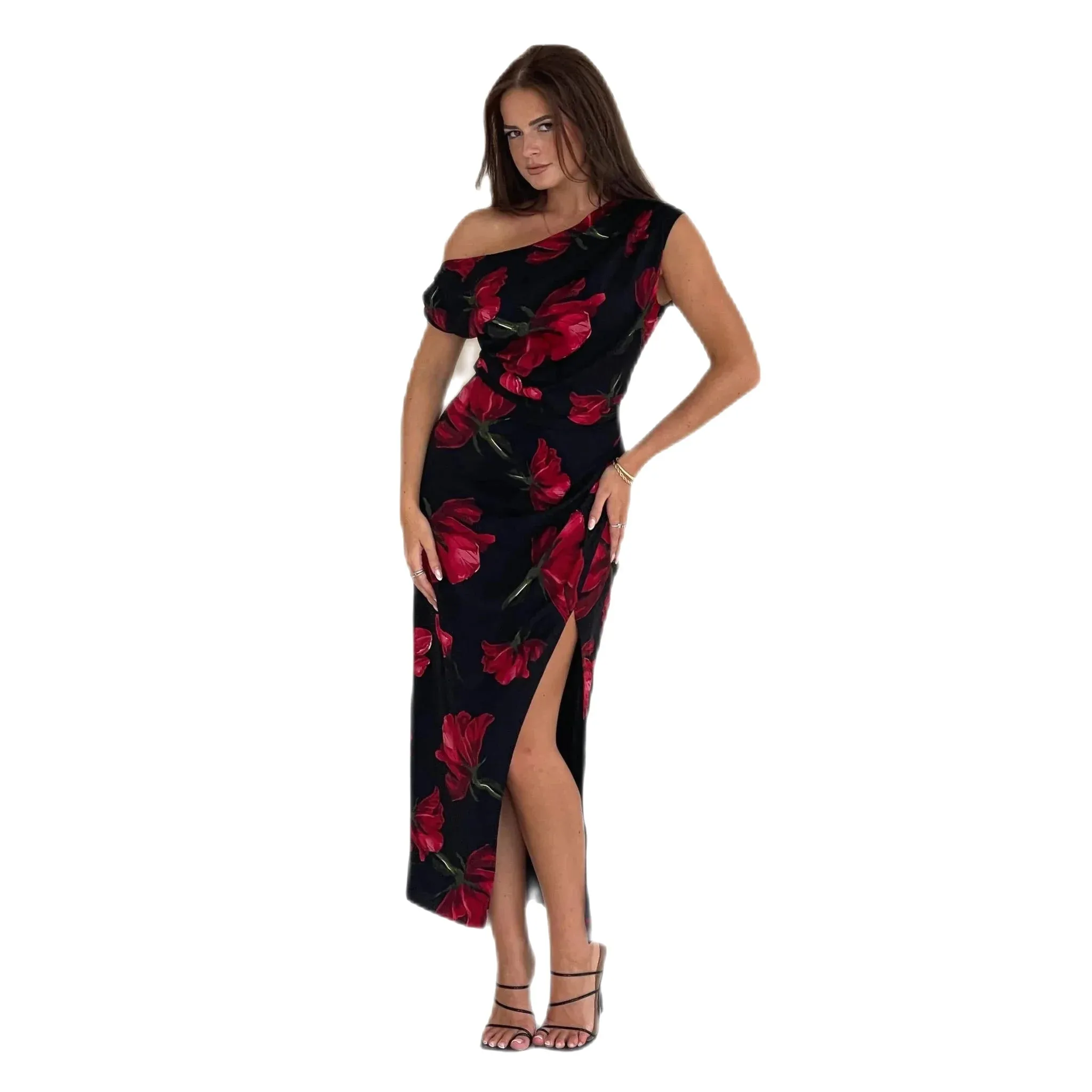 Asymmetric Off the Shoulder Black Red Floral Midi Dress