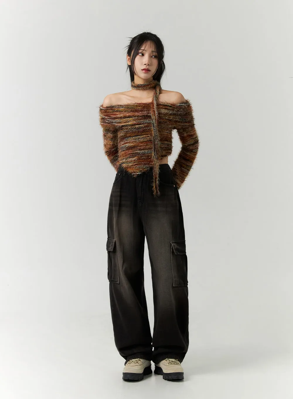 Asymmetrical Off-Shoulder Knit Sweater with Scarf CN320