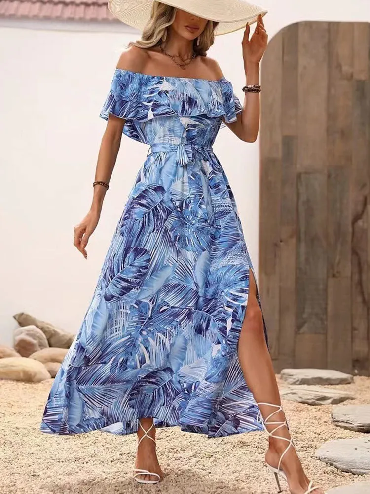 Backless Off Shoulder Slit Boho Maxi Dress