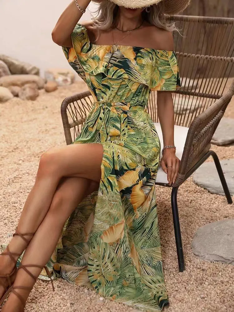 Backless Off Shoulder Slit Boho Maxi Dress