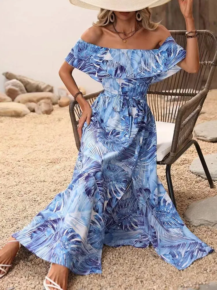 Backless Off Shoulder Slit Boho Maxi Dress