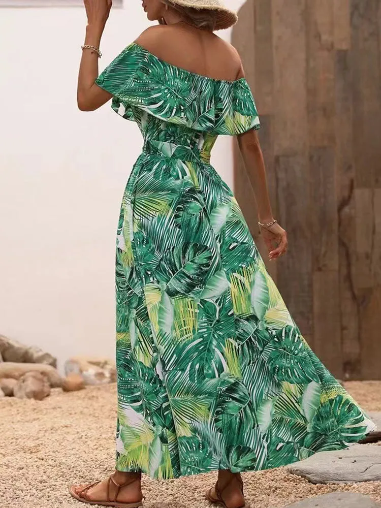 Backless Off Shoulder Slit Boho Maxi Dress