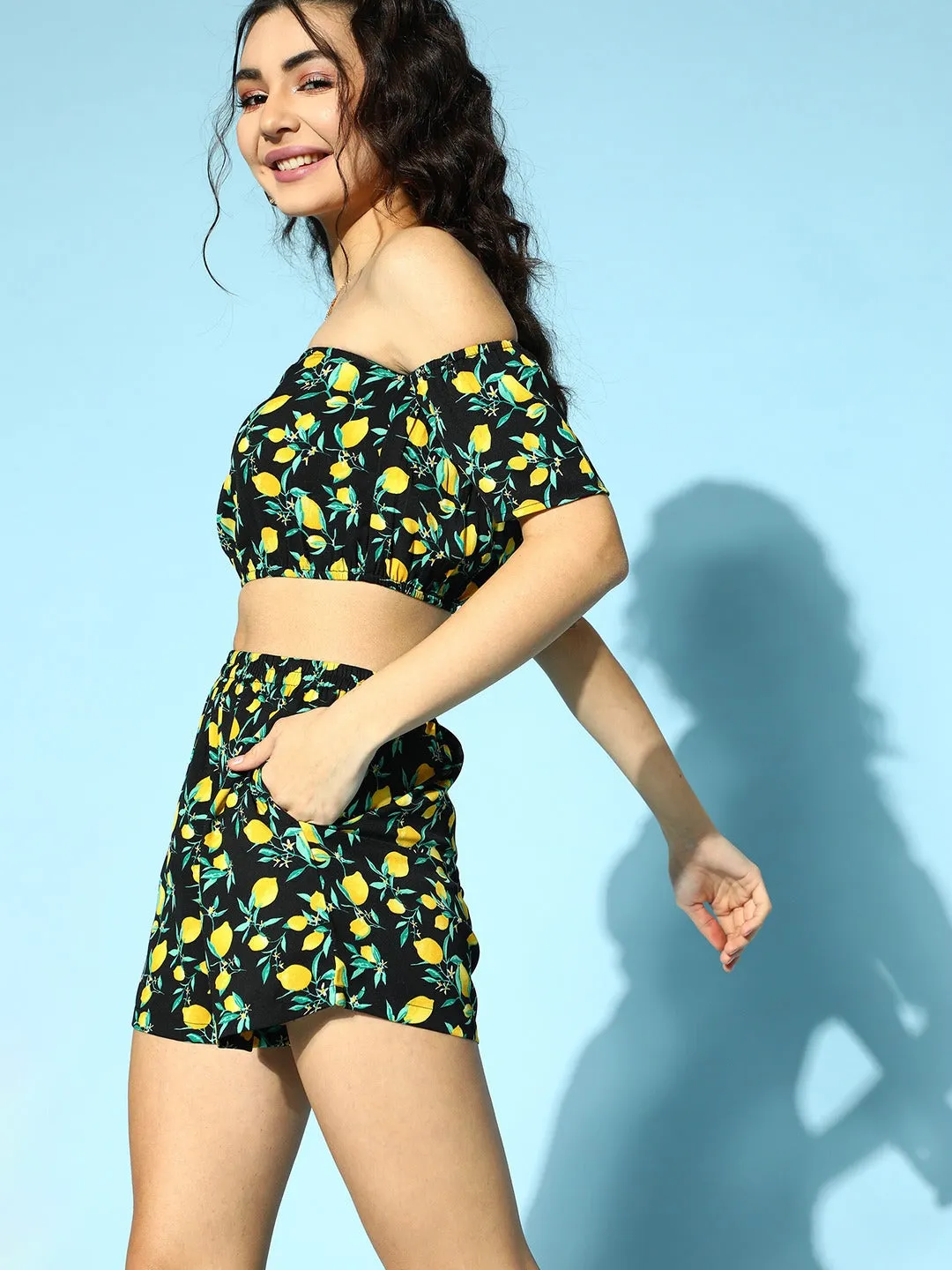 Berrylush Women Black & Yellow Floral Printed Off-Shoulder Neck Elastic Waist Crop Top & Shorts Co-Ordinate Set