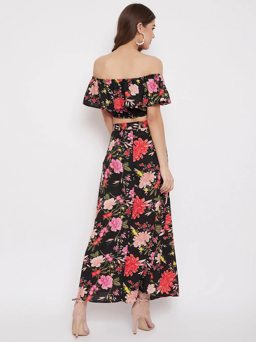 Berrylush Women Black Floral Print Off-Shoulder Co-Ord Dress Set