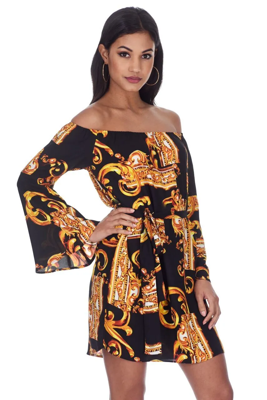 Black And Gold Patterned Off The Shoulder Shift Dress