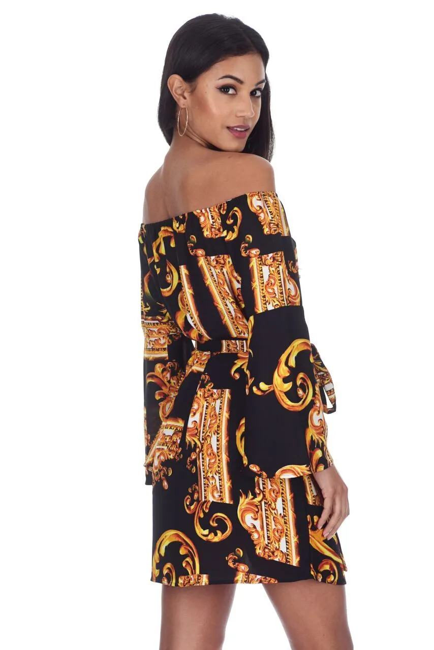 Black And Gold Patterned Off The Shoulder Shift Dress