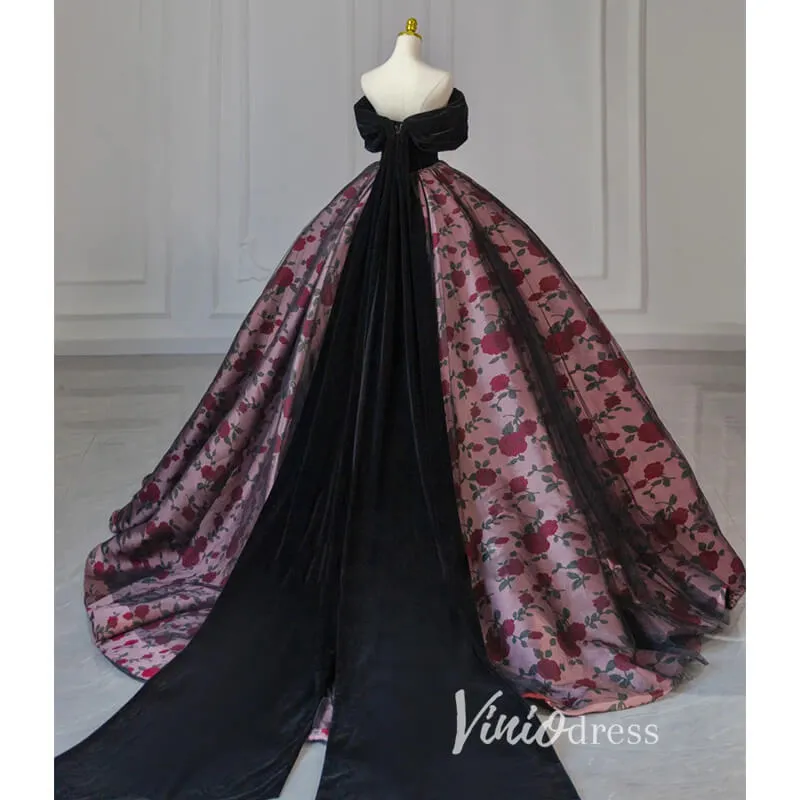 Black Floral Satin Prom Ball Gown Off the Shoulder Formal Dress FD3249