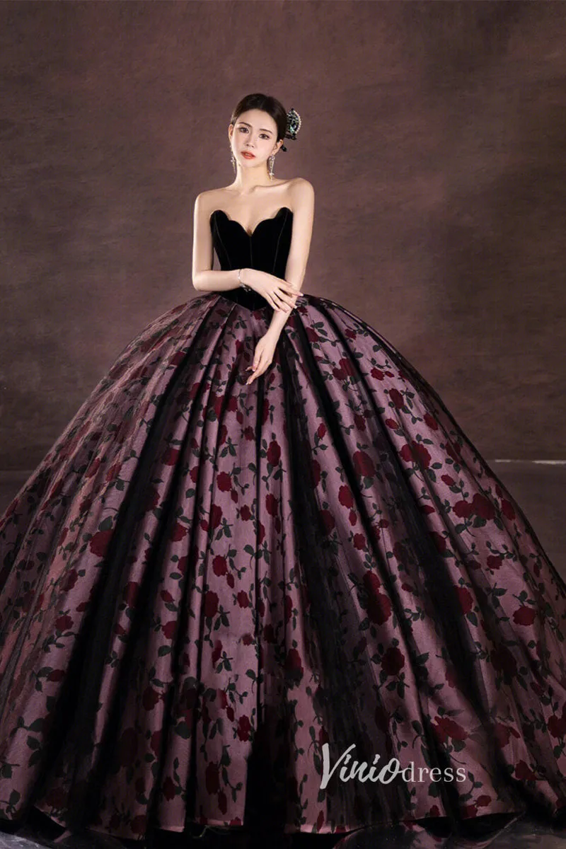 Black Floral Satin Prom Ball Gown Off the Shoulder Formal Dress FD3249