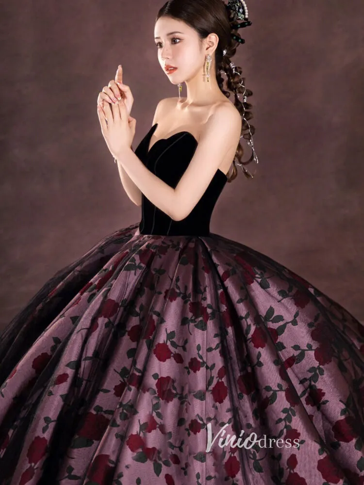 Black Floral Satin Prom Ball Gown Off the Shoulder Formal Dress FD3249