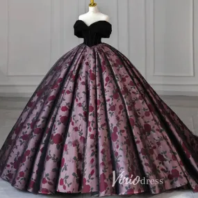 Black Floral Satin Prom Ball Gown Off the Shoulder Formal Dress FD3249