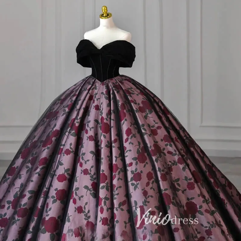 Black Floral Satin Prom Ball Gown Off the Shoulder Formal Dress FD3249