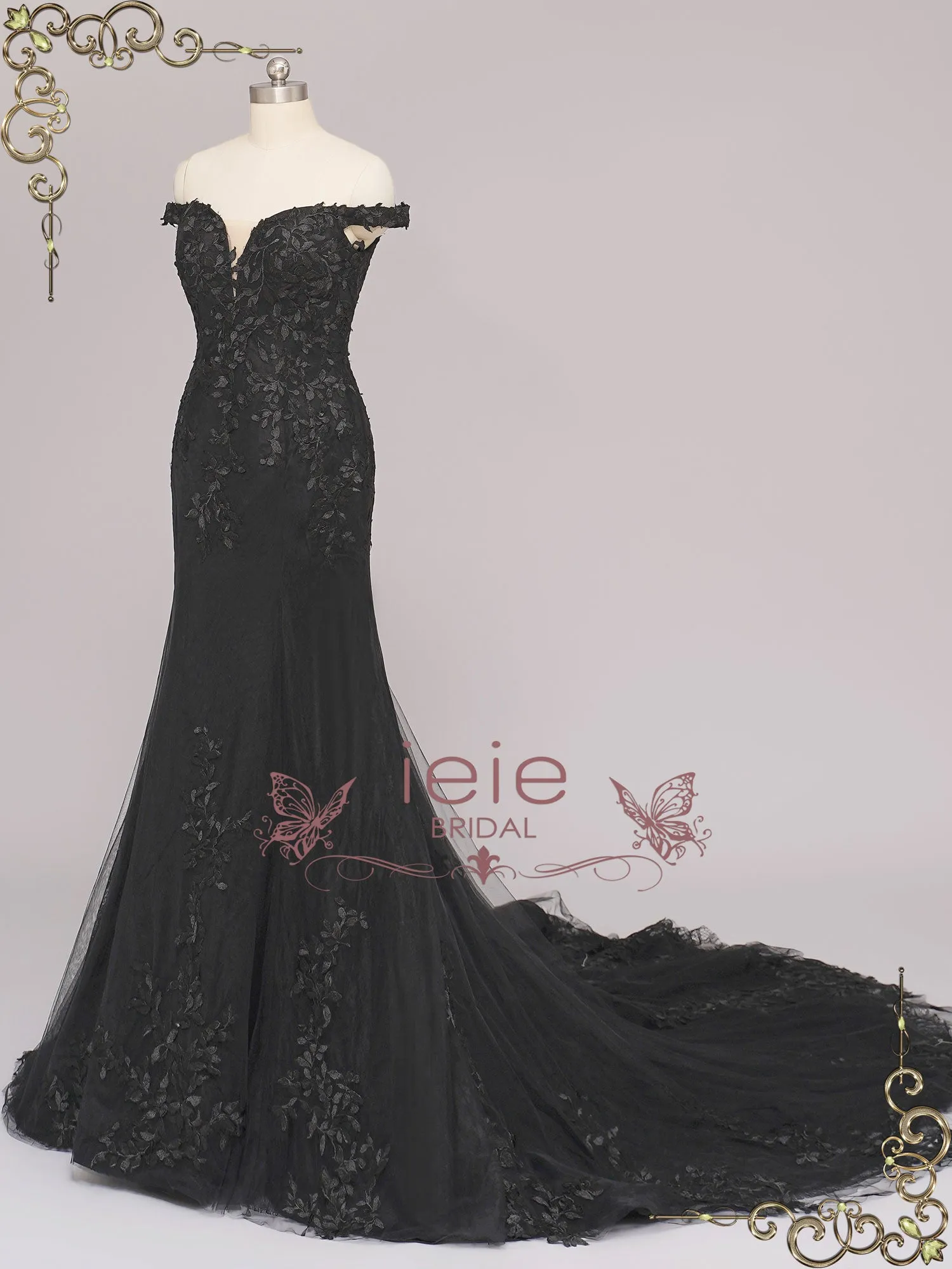 Black Lace Mermaid Wedding Dress with Off the Shoulder Neckline ELTON