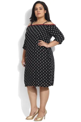 Black Motif Printed Off Shoulder Dress