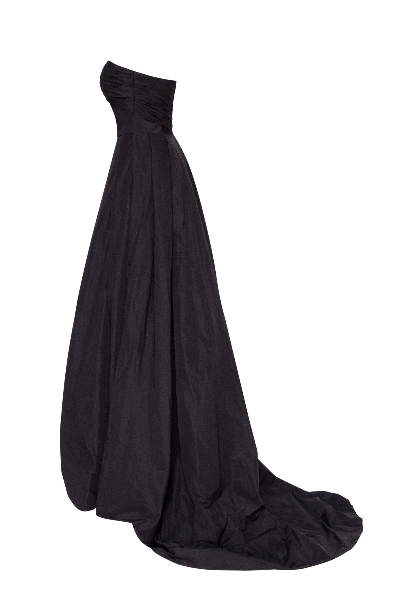 Black taffeta evening gown with a high slit and one-shoulder wrap top