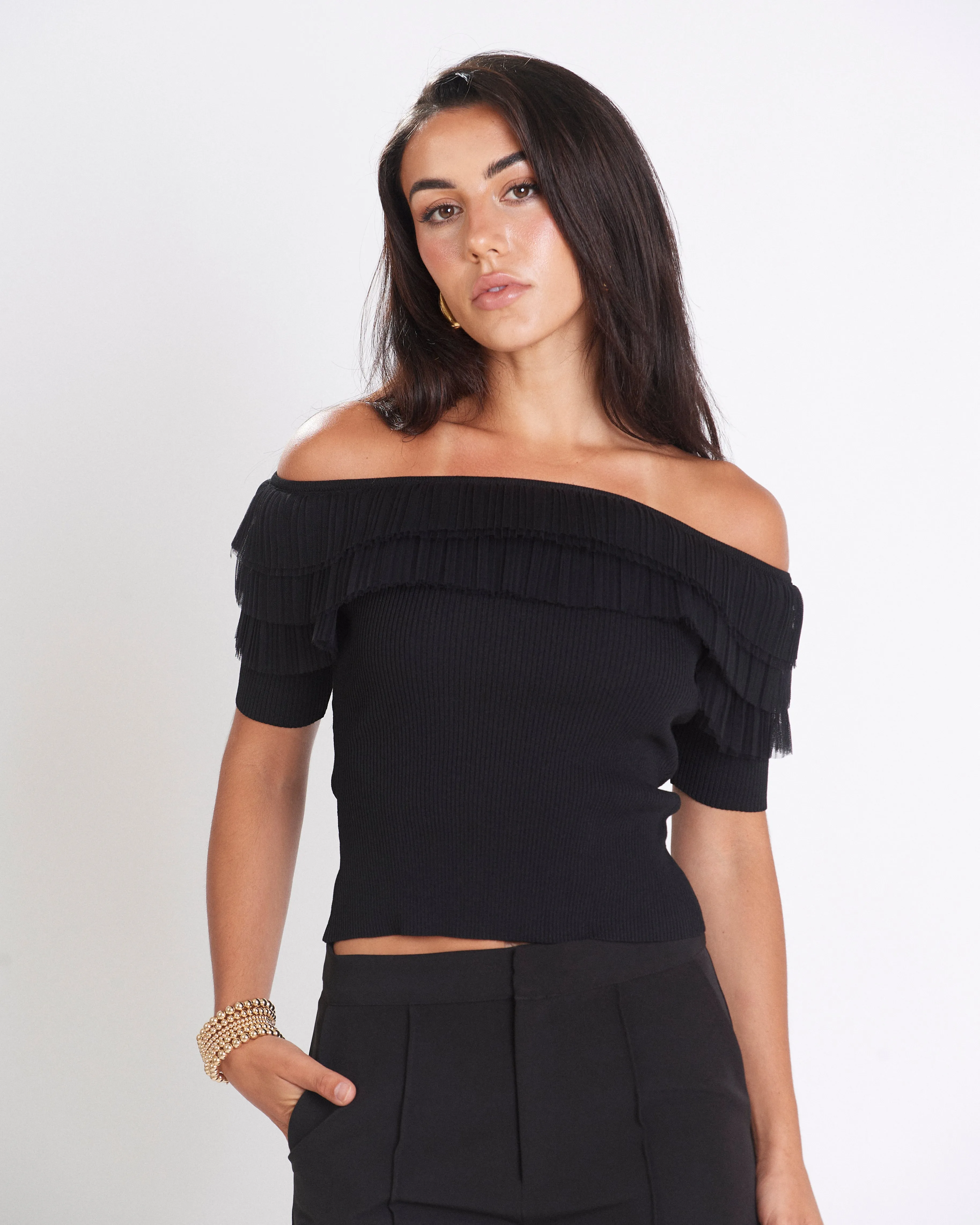 Black Tulle Off Shoulder Top