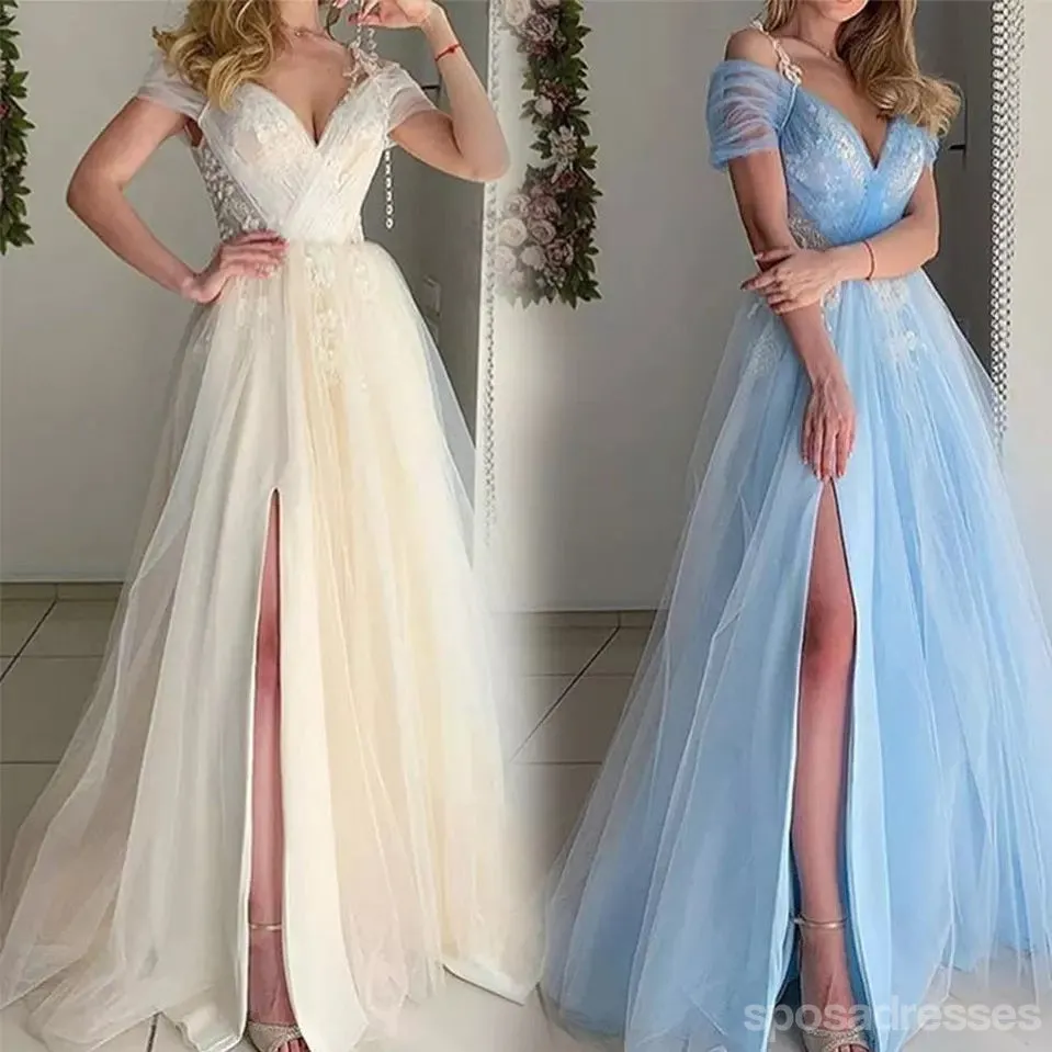 Blue A-line Off Shoulder High Slit Long Prom Dresses,Evening Dresses,13093