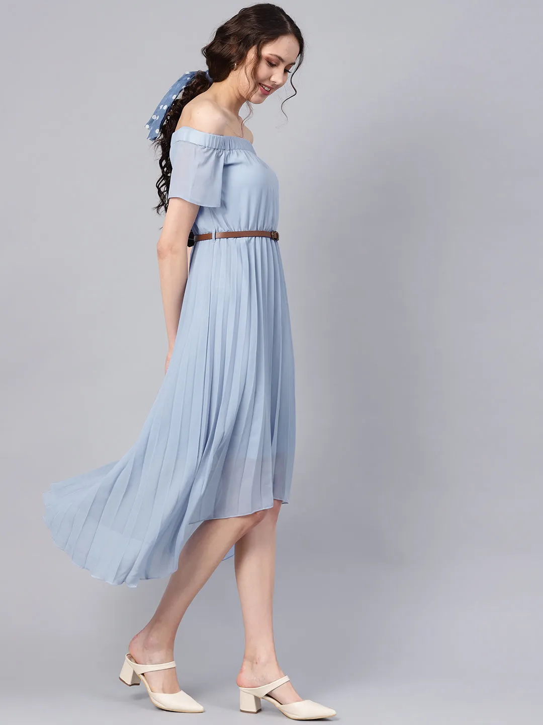 Blue Off Shoulder High Low Belted Pleated Dress