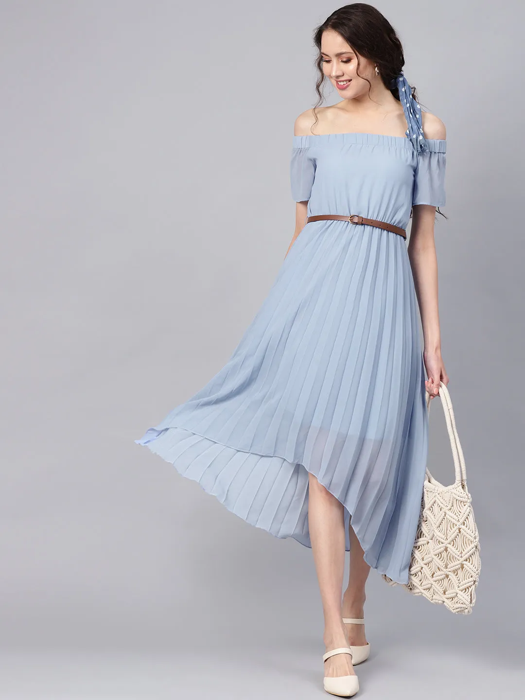 Blue Off Shoulder High Low Belted Pleated Dress