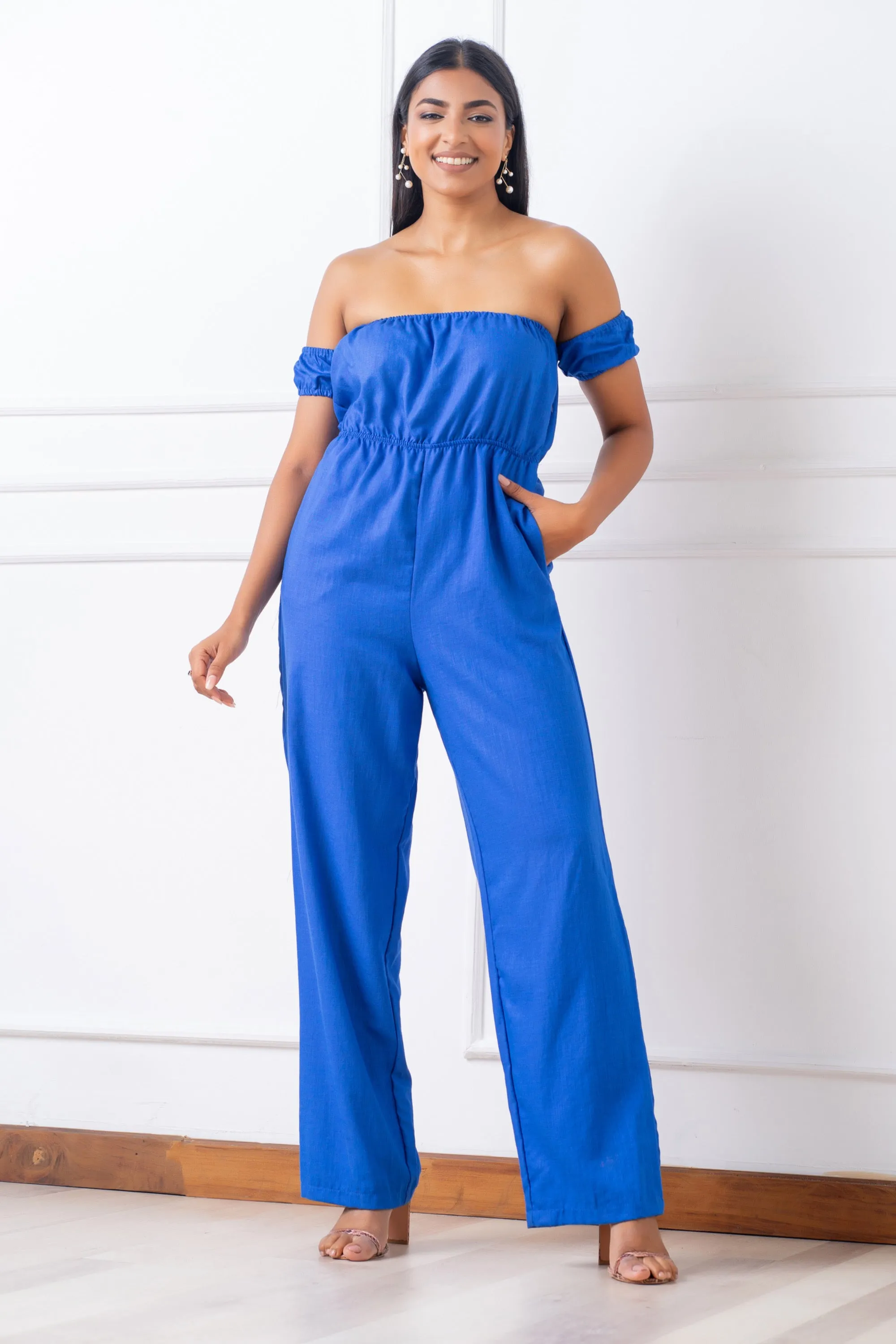 Blue Off Shoulder Jumpsuit - Regular Fit