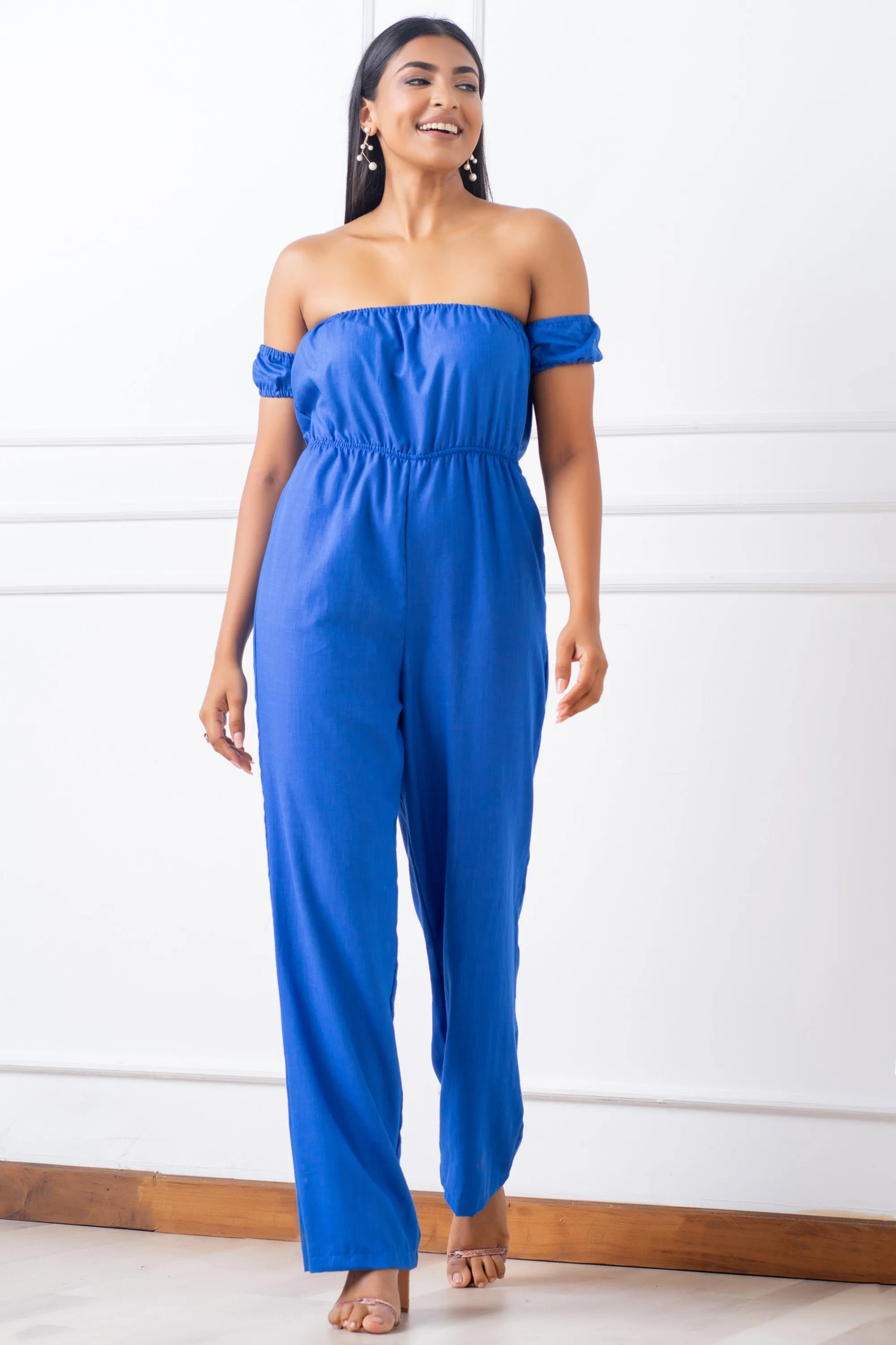 Blue Off Shoulder Jumpsuit - Regular Fit