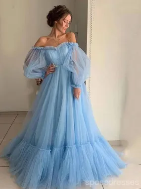 Blue Off The Shoulder Long Sleeves A-line Long Evening Party Prom Dresses, Prom Dresses Stores,12525